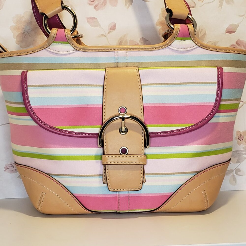 Vintage COACH 1889 Hampton Soho Multi-color Striped Canvas & Leather Buckle Tote - Picture 7 of 13